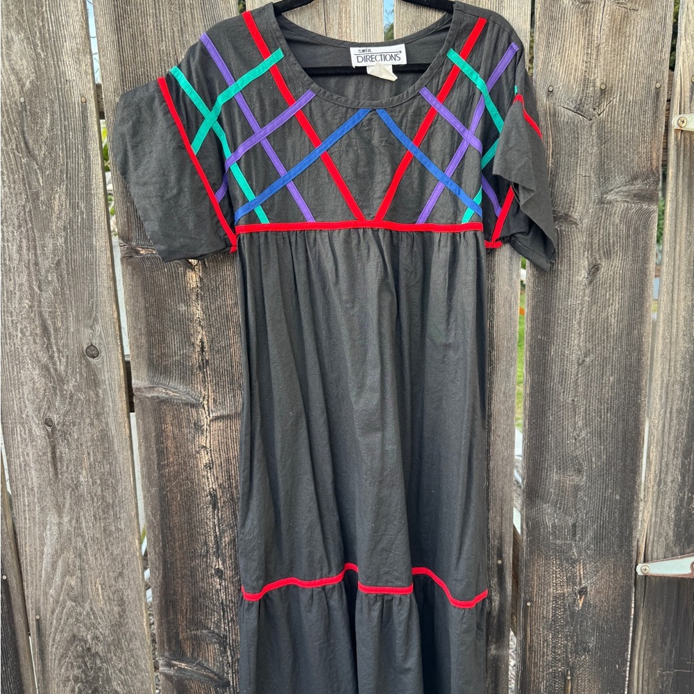 American Vintage 80s Black Midi Dress with Colorful Geometric Design 100% Cotton
